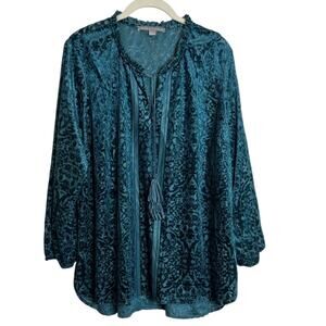 Valerie Stevens Womens Burnout Velvet Peasant Blouse XL Teal Floral